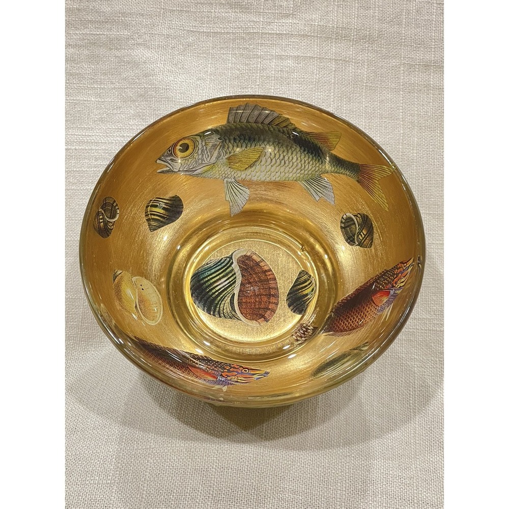 Scott‎ Potter Fish And Shells In Gold And Green Small Bowl 5in Across SIGNED